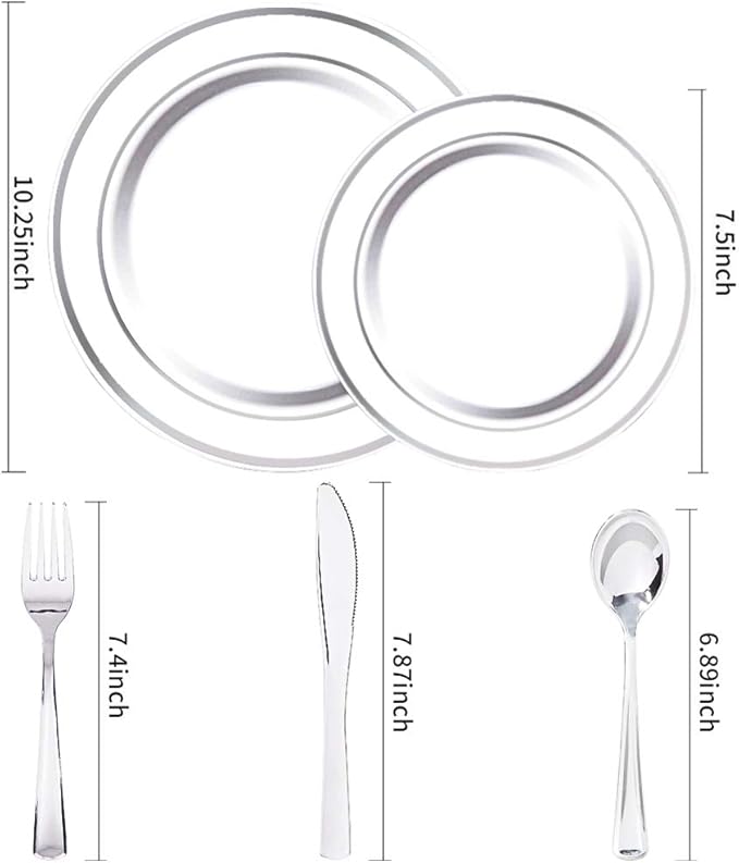 WDF 40Guest Silver Plastic Plates with Silverware - White Plastic Plates with Silver Rim, Dinnerware Sets Include 40 Dinner Plate, 40 Salad Plate,40 Forks, 40 Knives, 40 Spoons for Christmas
