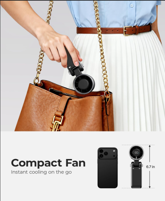 Compact portable handheld fan designed for easy carrying in a bag while traveling or commuting.