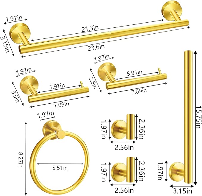 7-Piece Golden Bathroom Hardware Set - 7-in-1 Towel Rack Set, 23.6-inch SUS304 Stainless Steel Towel Bar and Toilet Paper Holder | Modern Bathroom Accessories (7, Golden)