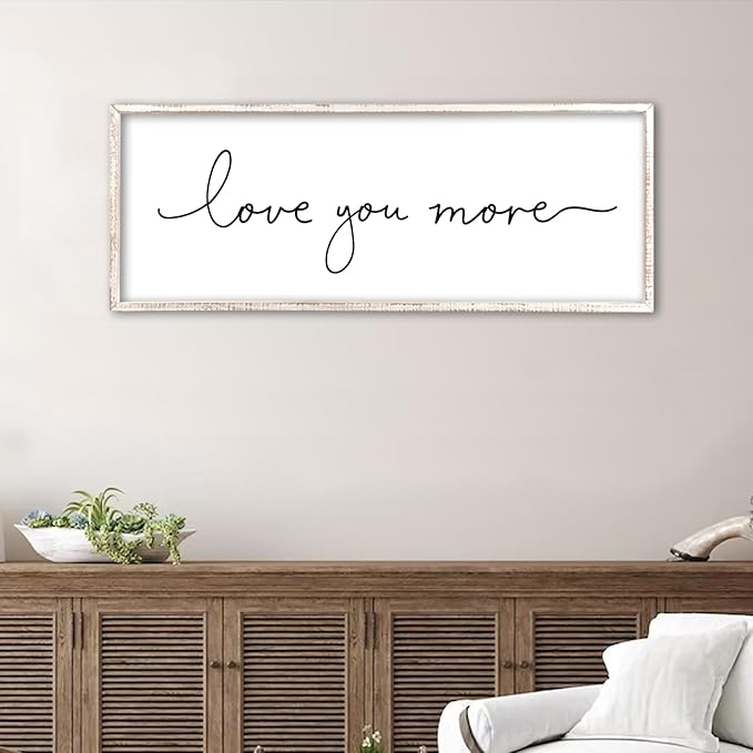Love You More Sign Wall Decor Art 40"X15" Master Bedroom Guest Room Above Over Bed for Home Couple Rustic Large Wood Framed Wall Hanging (White)