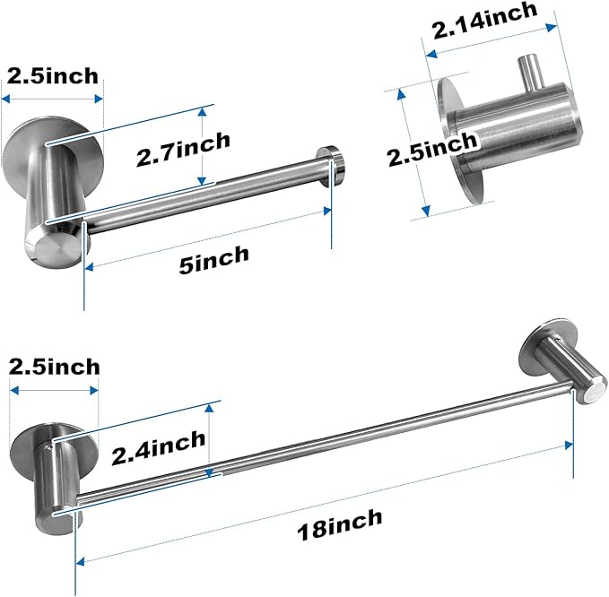 Bathroom Hardware Set - 18 Inch 304 Stainless Steel Towel Racks, Paper Holder, Robe Towel Hooks for Bathroom, Chrome Polished