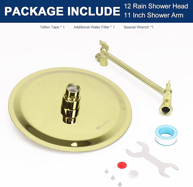NearMoon Rain Shower Head with 11'' Adjustable Arm, High Pressure Stainless Steel Rainfall Shower, Ultra-Thin Design - Pressure Boosting (8 Inch, Gold)