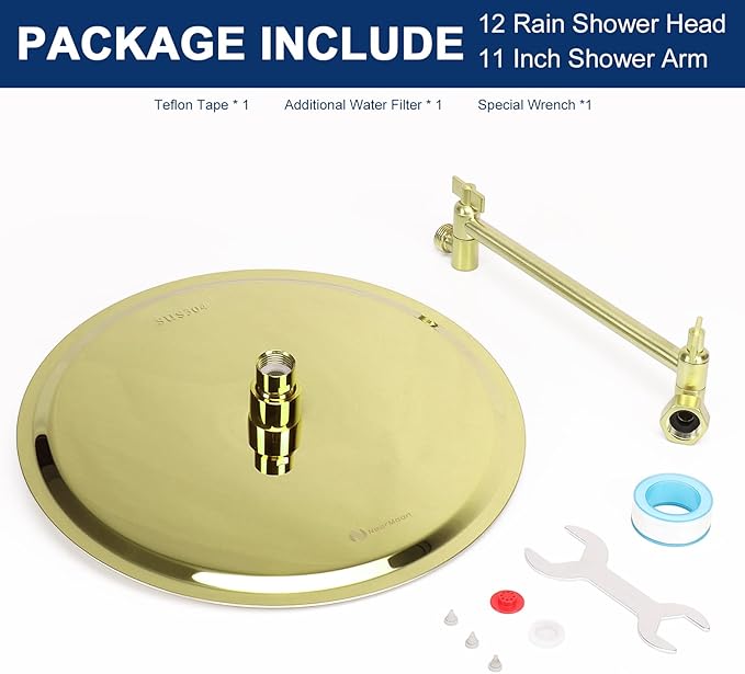 NearMoon Rain Shower Head with 11'' Adjustable Arm, High Pressure Stainless Steel Rainfall Shower, Ultra-Thin Design - Pressure Boosting (12 Inch, Gold)