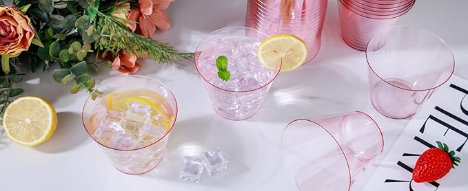 Ciaell 300PCS Clear Pink Plastic Cups - 9 Oz Heavy Duty Plastic Cups - Clear Party Cup Disposable Wine Cup for Parties & Weddings & Party