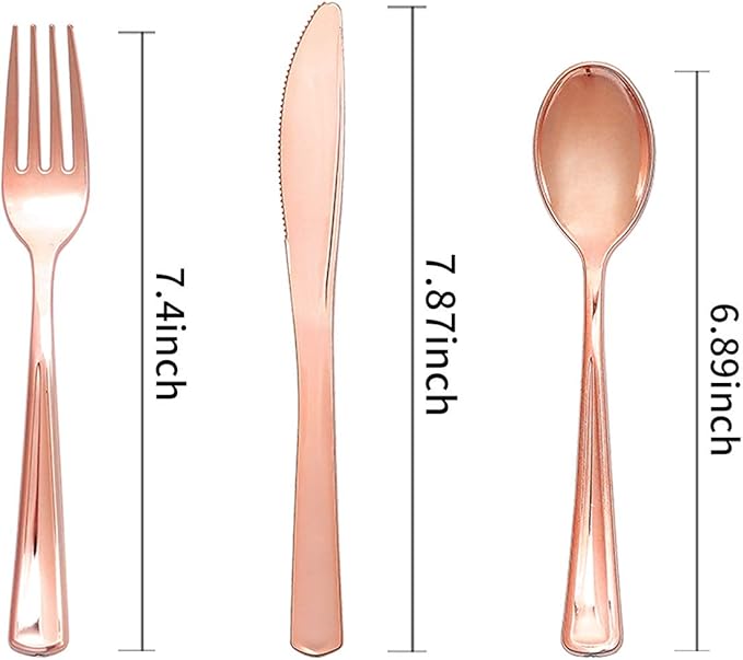 WELLIFE 350 PCS Rose Gold Plastic Plates, Includes: 50 Dinner Plate, 50 Dessert Plate, 50 Forks, 50 Knives, 50 Spoons, 50 Cups, 50 Dot Napkins for Party and Wedding
