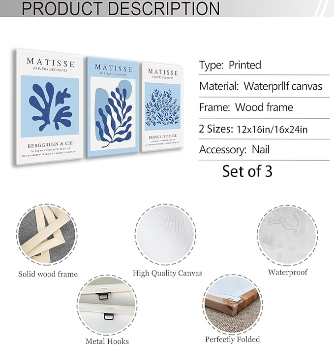 BingruiArt Blue Matisse Wall Art Canvas Boho Flower Set of 3 Minimalist Plant Leaves Painting Abstract Pictures Aesthetic Prints Home Decor for Living Room Bedroom Bathroom 12"x16" Framed
