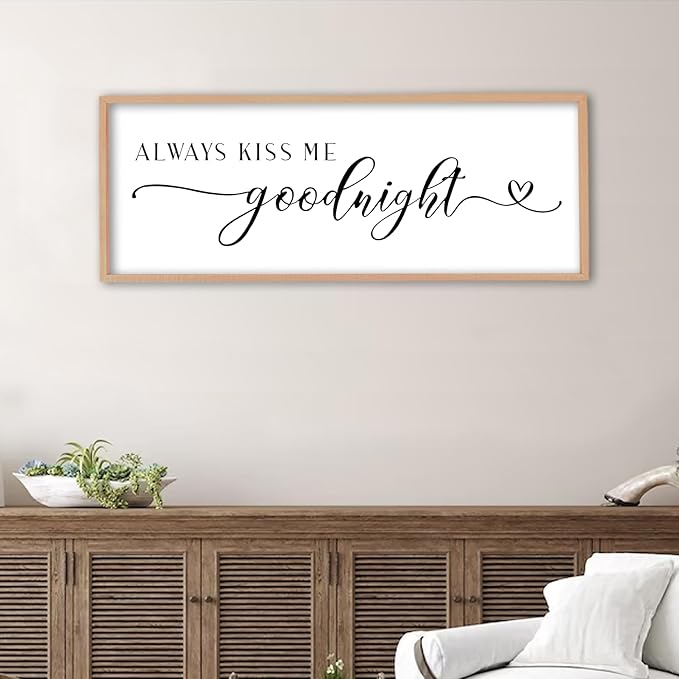 Always Kiss Me Goodnight Sign Wall Decor 40"X15" Master Bedroom Above Bed Large Wooden Framed for Couples Over Bed Wall Hanging Art (Wood)