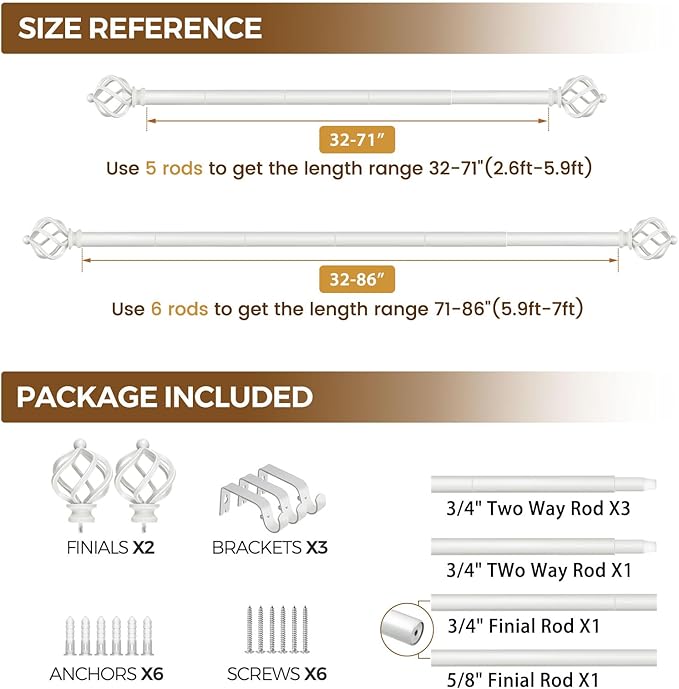 KAMANINA White Curtain Rods for Windows 48 to 84 Inch, Adjustable Single Curtain Rod 32 to 86 Inch(2.6-7.1ft), 3/4 Inch Splicing Drapery Rods with Twisted Cage Finial
