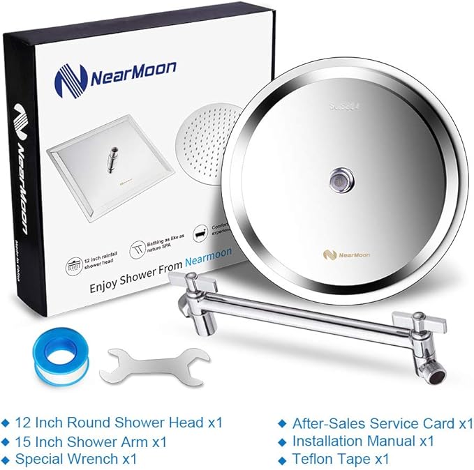 NearMoon Rain Shower Head with 11'' Adjustable Arm, High Pressure Stainless Steel Rainfall Shower, Ultra-Thin Design - Pressure Boosting (12 Inch, Chrome)