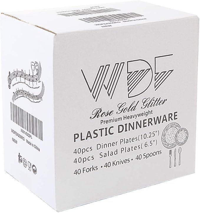 WDF Rose Gold Pink Plastic Plates with Pink Plastic Silverware include 40 Dinner & Salad Plates, 40Forks, 40 Knives, 40 Spoons for Wedding/Party/Valentine's Day
