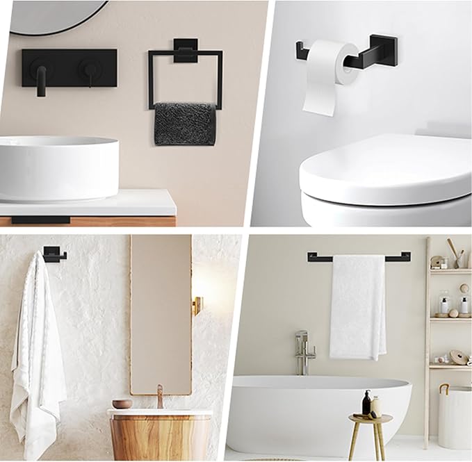 BOZWELL 4 Pieces Matte Black Bathroom Hardware Accessories Set Square Towel Racks for Bathroom 23.6 inch Stainless Steel Towel Bar Set Wall Mounted