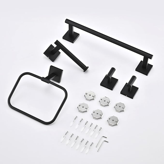 16" Matte Black Bathroom Hardware Accessories Set 5-Piece for RV Camper, SUS304 Stainless Steel Rustproof Towel Bar Kit, Durable Powder Coated Finish with 2 Robe Hooks (Matte Black)