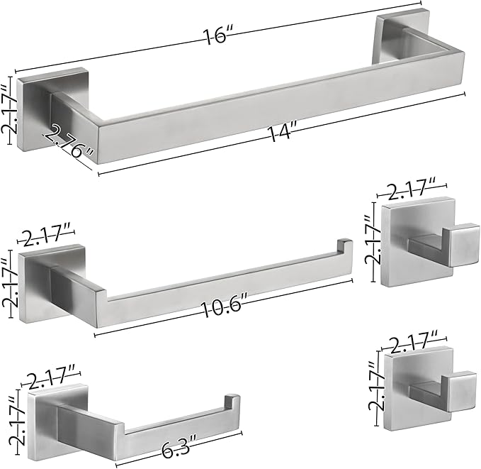 5 Piece Bathroom Hardware Set Brushed Nickel, SUS304 Stainless Steel Towel Bar Set, Modern Square Accessories with 16 Inch Rack Toilet Paper Holder Robe Hooks (Brushed Nickel)