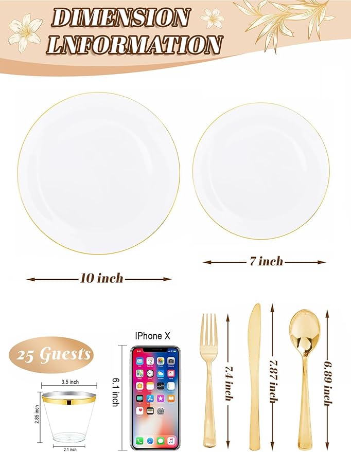 WDF 150Pcs White and Gold Plastic Plates - Gold Plates Disposable - 25guest Disposable Dinnerware Include 25 Dinner Plate, 25 Dessert Plate, 25 Cutlery & 25 9oz Cups for Wedding & Christmas Party