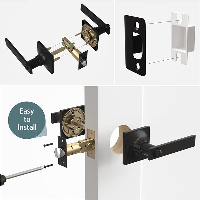 4 Pack Matte Black Door Handles - Privacy Door Levers Set, Keyless Black Interior Door Knobs, Modern Heavy Duty Square Door Lock for Bedroom or Bathroom, Reversible for Left Right Sided Doors