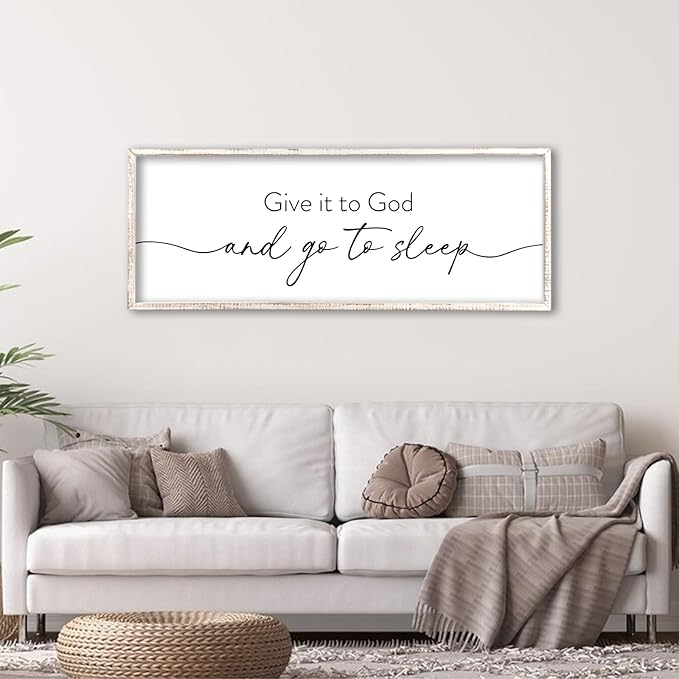 Give It To God And Go to Sleep Wall Decor 40"X15" Master Bedroom Above Bed Large Wood Framed Sign Rustic Guest Room Over Bed Wall Hanging Art (White)