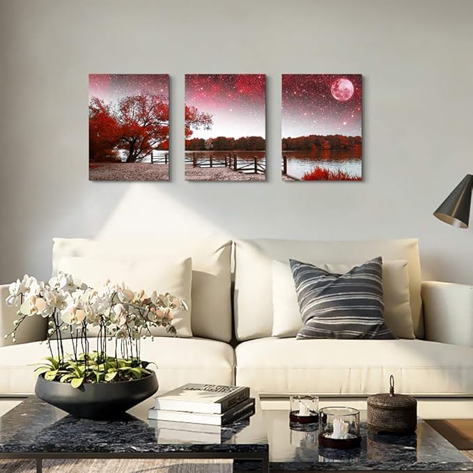 Wall Art For Living Room Canvas Prints Bedroom Wall Decor For Bathroom Artwork Abstract Painting Red Tree Moon Landscape Paintings 12" X 16" 3 Pieces Modern Framed Office Home Decorations For Kitchen