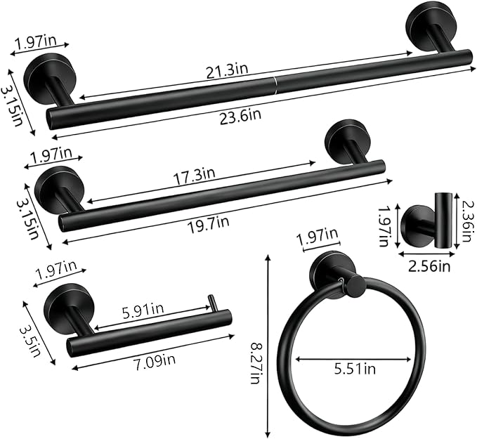 5-Piece Matte Black Bathroom Hardware Set - 5-in-1 Towel Rack Set, 23.6-inch SUS304 Stainless Steel Towel Bar and Toilet Paper Holder | Modern Black Bathroom Accessories (5, Matte Black)