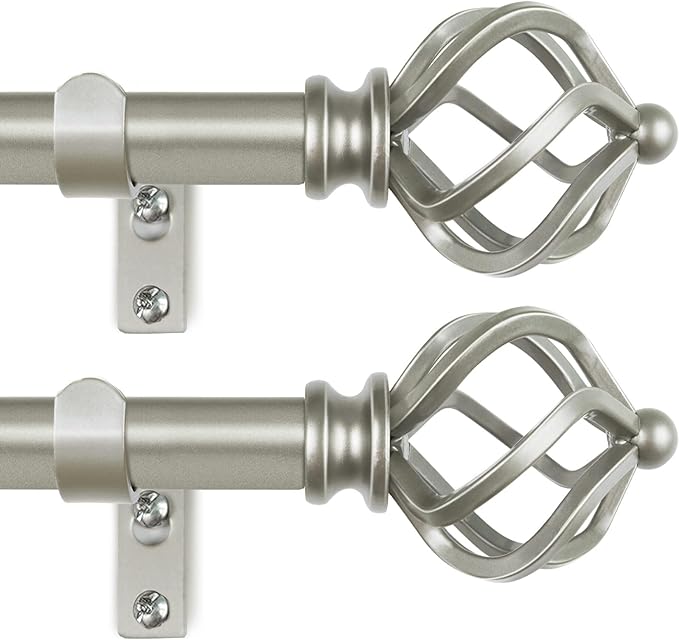 KAMANINA 2 Pack Curtain Rods 32 to 58 Inches (2.6-4.8ft), 3/4 Inch Curtain Rods for Windows Splicing Adjustable Single Drapery Rod with Twisted Cage Finial, for Indoor and Outdoor, Antique Silver
