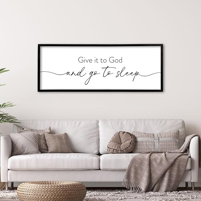 Give It To God And Go to Sleep Wall Decor 40"X15" Master Bedroom Above Bed Large Wood Framed Sign Rustic Guest Room Over Bed Wall Hanging Art (Black)