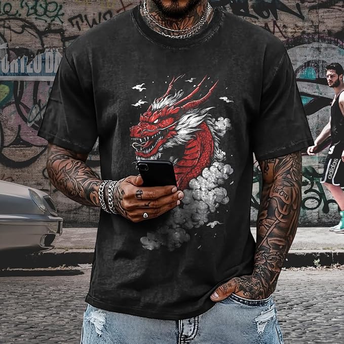 Mens Dragon Grpahic T-Shirts Short Sleeve 100% Cotton Crewneck Big and Tall Outdoor Summer Quick Dry Undershirts