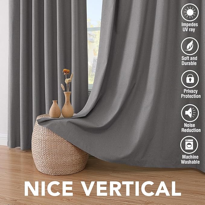 H.VERSAILTEX Linen Blackout Curtains 108 Inches Long 100% Absolutely Blackout Thermal Insulated Textured Linen Look Curtain Draperies Anti-Rust Grommet, Energy Saving with White Liner, 2 Panels, Grey