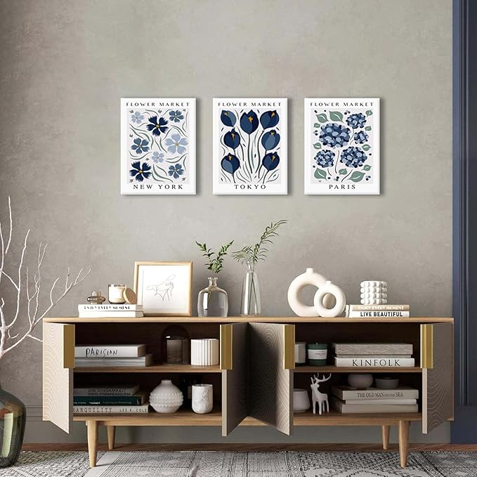 BingruiArt Flower Market Wall Art Navy Blue Canvas Boho Floral Wall Decor Modern Retro Botanical Posters Prints Pictures for Livingroom Batroom Bedroom Dorm Room 3Pcs 12"x16" Framed