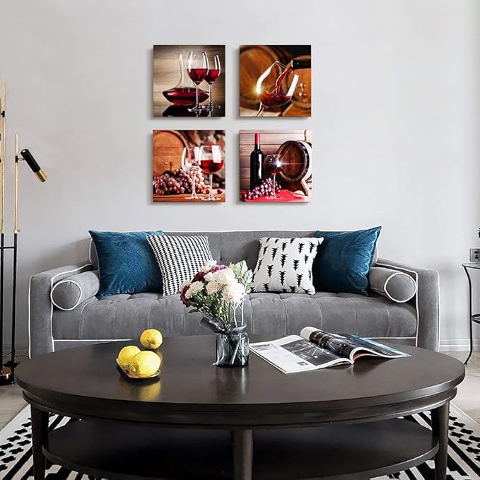 TTHYUEWS Canvas Wall Art For Kitchen Dining Room Wall Decor Wine Glass Wall Painting Still Life Wine Fruit Goblet Frame Wall Pictures Prints Artwork Bar Restaurant Decoration Home Decor 4 Piece Set