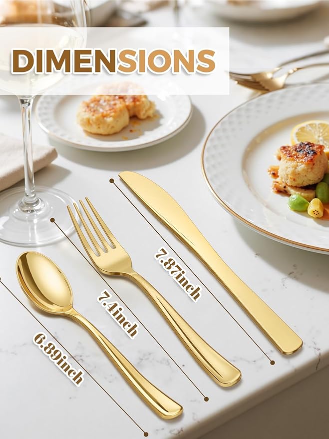 WDF 180 Pieces Disposable Plastic Gold Silverware Cutlery - Disposable Flatware Set 60 Forks, 60 Knives and 60 Spoons - Heavy Duty Gold Plastic Cutlery - Utensils for Wedding, Thanksgiving, Christmas