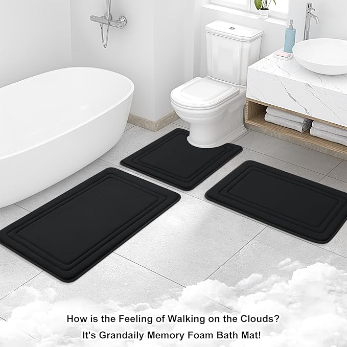 Grandaily Memory Foam Bath Mat Rug 36x24, Ultra Soft, Non-Slip and Absorbent Bathroom Rugs, Machine Wash Dry, Comfortable Bath Carpet for Bathroom Floor, Tub and Shower, Black