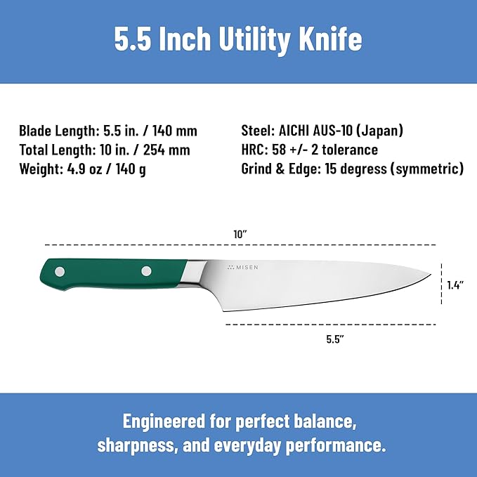 Misen 5.5" Utility Knife – High Carbon Japanese AUS-10 Stainless Steel – Hybrid German & Japanese Blade – Precision Kitchen Knife for Professionals & Home Cooks – Ultimate Cutting Performance - Green