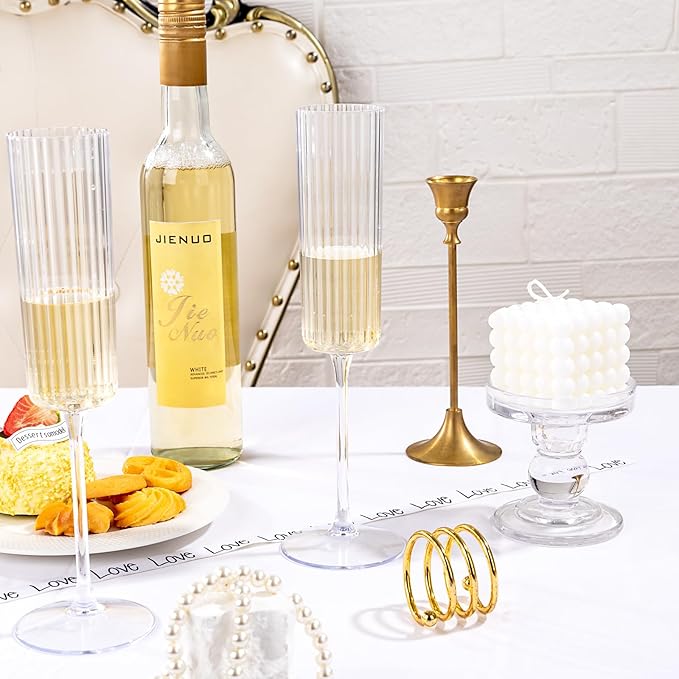 36 Pack Clear Plastic Champagne Flutes - 6oz Ribbed Disposable Champagne Glasses - Clear Vintage Mimosa Glasses with Long Stem - Elegant Sparkling Wine Stemware for Weddings, Parties