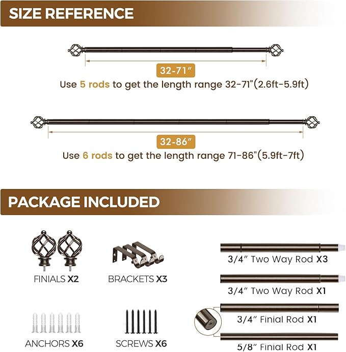KAMANINA Bronze Curtain Rods for Windows 48 to 84 Inch, Adjustable Single Curtain Rod 32 to 86 Inch(2.6-7.1ft), 3/4 Inch Splicing Drapery Rods with Twisted Cage Finial