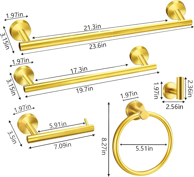 5-Piece Golden Bathroom Hardware Set - 5-in-1 Towel Rack Set, 23.6-inch SUS304 Stainless Steel Towel Bar and Toilet Paper Holder | Modern Bathroom Accessories (5, Golden)