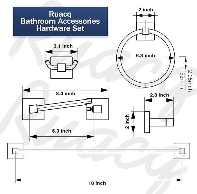 Ruacq 4pcs Bathroom Hardware Set-Toilet Paper Holder-Towel Ring -Towel Hooks for bathrooms-18 Inch Towel Bar Stainless Steel Wall Mounted, Bathroom Accessories Set (Brushed Nickel)