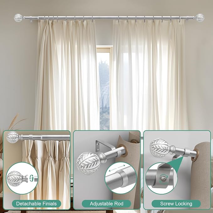Silver Curtain Rods for Windows 48 to 84 inch,1" Adjustable Heavy Duty Window Curtain Rod with Leaf Finials,Rustic Decorative Drapery Rods Set,Size:36-88''