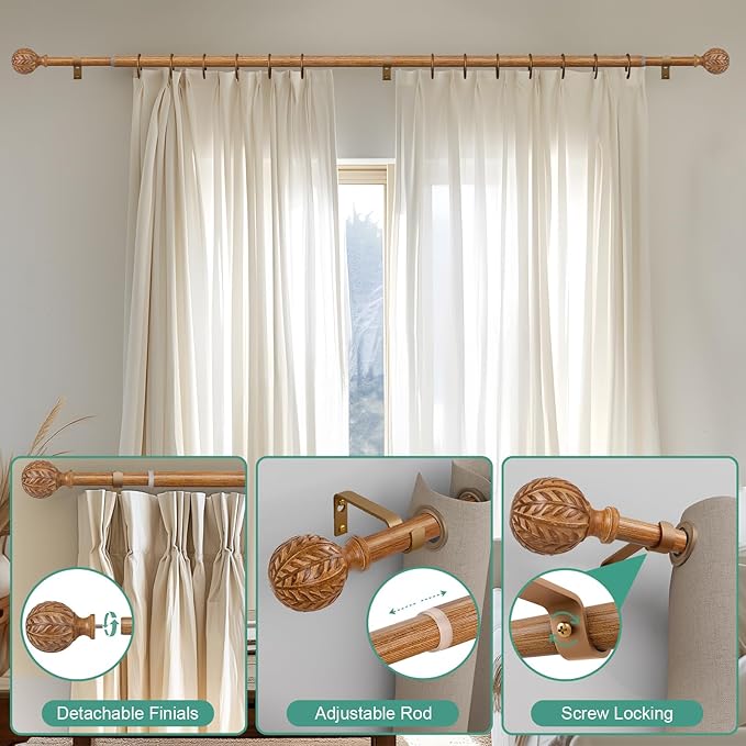 Boho Wood Curtain Rods for Windows 72 to 144 inch,1" Adjustable Heavy Duty Window Curtain Rod with Imitation Wood Grain Finials,Rustic Decorative Drapery Rods Set,Size:36-150'',Natural Wood