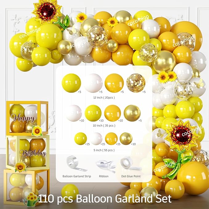297pcs Sunflower Birthday Decorations-Serves 25, All-in-one Sunflower Party Decorations with 350gsm Plate, Backdrop, Tablecloth, Banner, Balloon, Balloon Box, Centerpiece, Cake Topper, Etc