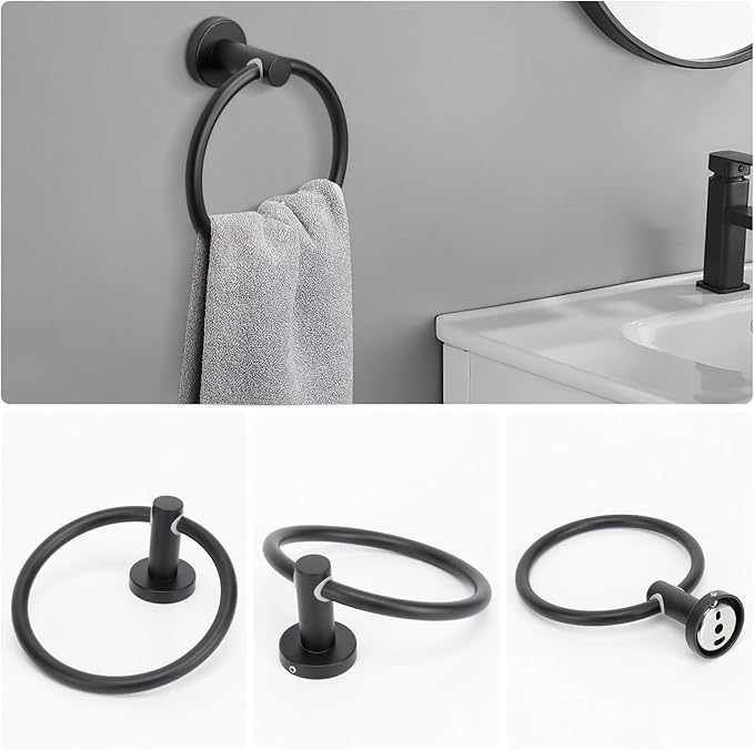 NearMoon 5 Pieces Bathroom Hardware Set SUS304 Thicken Stainless Steel-Towel Rack Kit Include 24" Towel Rod +Bath Towel Ring +Toilet Paper Holder +2 Robe Towel Hooks Bath Accessories (Matte Black)