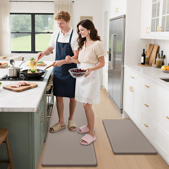StepLively Kitchen Mat, 2 PCS Kitchen Rugs, Cushioned Kitchen Mats for Floor, Anti Fatigue Kitchen Rug Set, Non-Skid Standing Mat for Kitchen, Office, Sink, 17.3"x30"+17.3"x70", Khaki