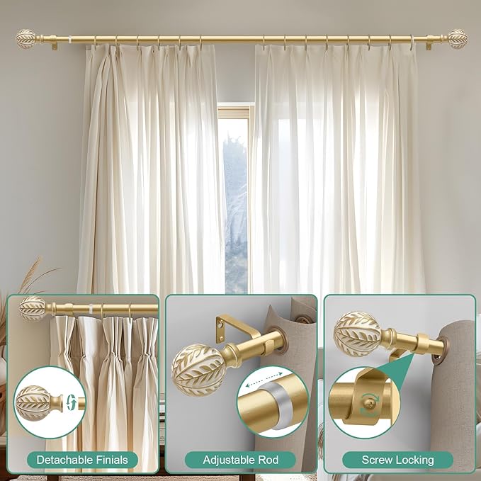 Gold Curtain Rods for Windows 28 to 48 inch,1" Adjustable Heavy Duty Window Curtain Rod with Leaf Finials,Rustic Decorative Drapery Rods Set,Size:18-60''