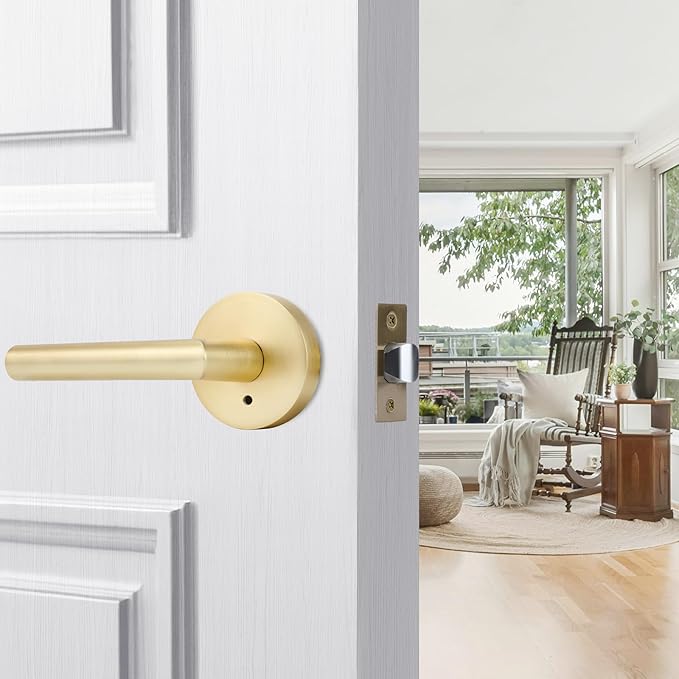 Goldenwarm Gold Door Handles Interior, Privacy Brushed Brass Interior Door Handles, Heavy Duty Zinc Alloy Brushed Gold Door Lever for Bedroom and Bathroom (1 Pack)