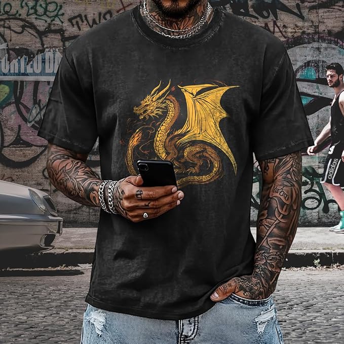 Mens Dragon Grpahic T-Shirts Short Sleeve 100% Cotton Crewneck Big and Tall Outdoor Summer Quick Dry Undershirts