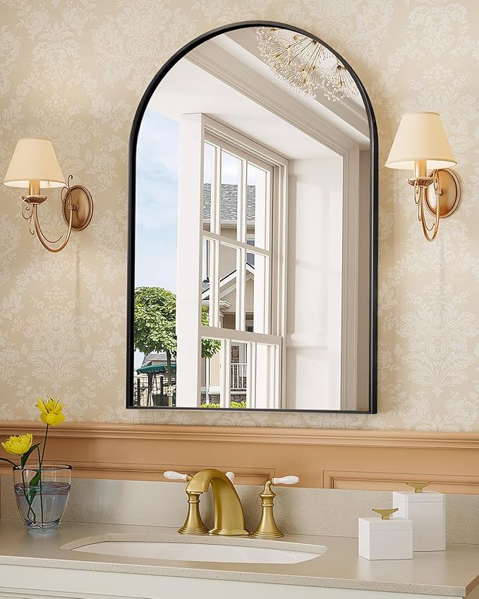 MZON 16 * 24 Inch Arched Black Mirror, Arched Bathroom Mirror, Arch Mirrors for Wall, Vanity, Entryway&Livingroom, Metal Frame&Tempered Glass, Anti-Rust, Modern Home Decor
