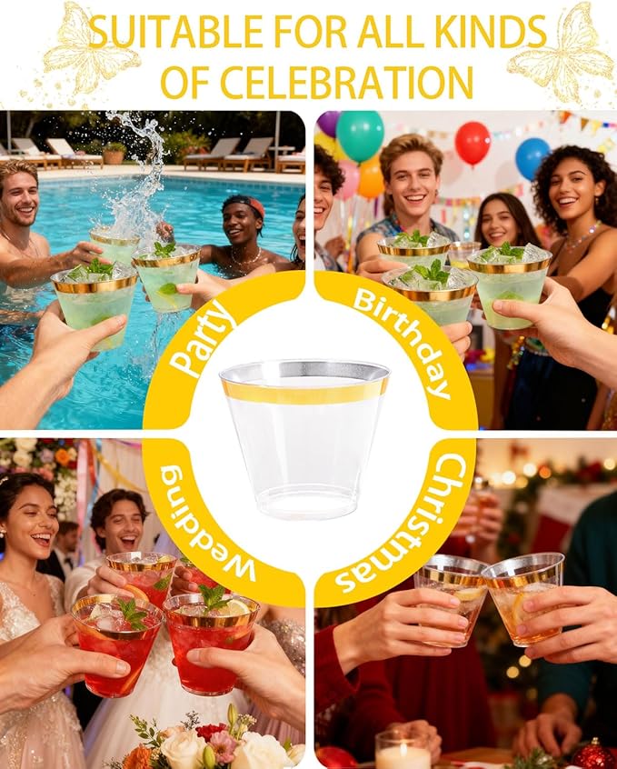 Ciaell 300PCS Gold Plastic Cups - 9Oz Heavy Duty Plastic Cups - Gold Rimmed Disposable Cup - Disposable Clear Wine Cup with Gold Rim for Party & Wedding & Christmas & New Year
