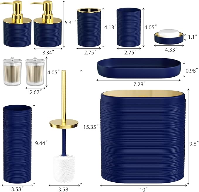 Bathroom Set, 10PC Bathroom Accessory Set, Blue Bathroom Accessories, Navy Blue and Gold Bathroom Set with Trash Can, Soap Dispensers