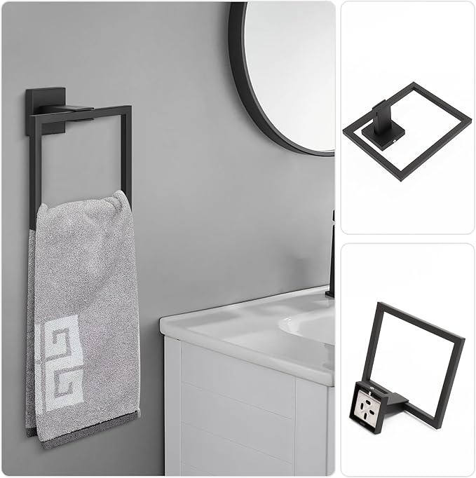 NearMoon 5 Pieces Bathroom Hardware Set 304 Stainless Steel, Square Towel Rack Kit - 24" Towel Rod + Towel Ring + Toilet Paper Holder + 2 Robe Hooks, Wall Mounted Bath Accessories (Matte Black)