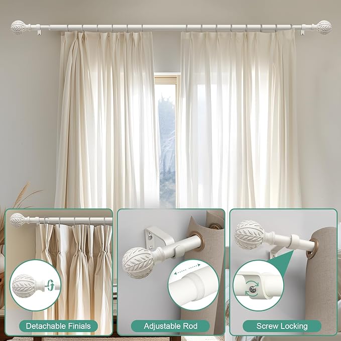 2 Pack Antique White Curtain Rods for Windows 48 to 84 inch,1" Adjustable Heavy Duty Window Curtain Rod with Leaf Finials,Rustic Decorative Drapery Rods Set,Size:36-88''