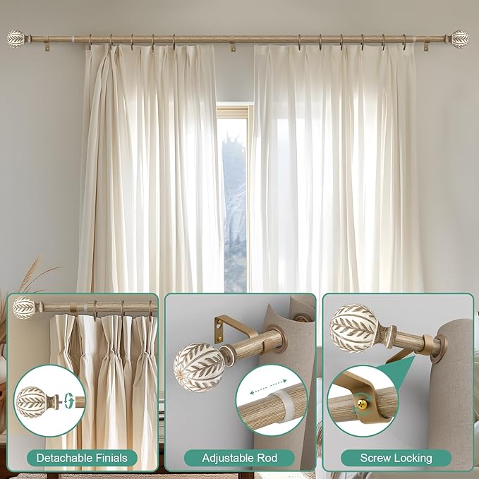 2 Pack Boho Wood Curtain Rods for Windows 48 to 84 inch,1" Adjustable Heavy Duty Window Curtain Rod with Imitation Wood Grain Finials,Rustic Decorative Drapery Rods Set 36-88'',Weathered Wood