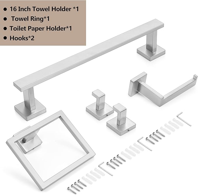 5 Pieces Brushed Nickel Bathroom Accessories Set, Homikit SUS304 Stainless Steel Wall Mounted Bath Towel Hardware Bar Set, 16 Inch Towel Rack, Toilet Paper Holder, Towel Ring, Hooks